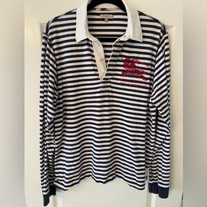 Rare long sleeved Vintage Burberry Navy and White Striped Rugby Shirt with logo